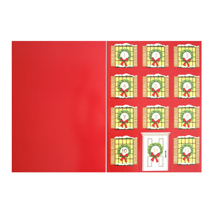 The Paper Ornaments Advent Calendar features twelve numbered doors, each adorned with a wreath, red bow, and gold beads. The left side is plain red cardstock without any design.