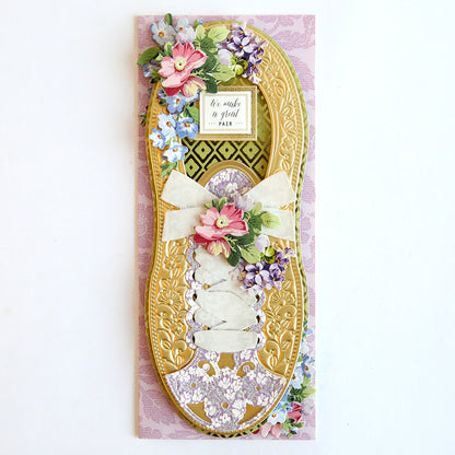 A decorative, floral-themed, ballet flat-shaped paper craft with a 3d layered design and a "hi, make my day" text in a small frame, inspired by 2024 Finishing School Craft Box Autoship.