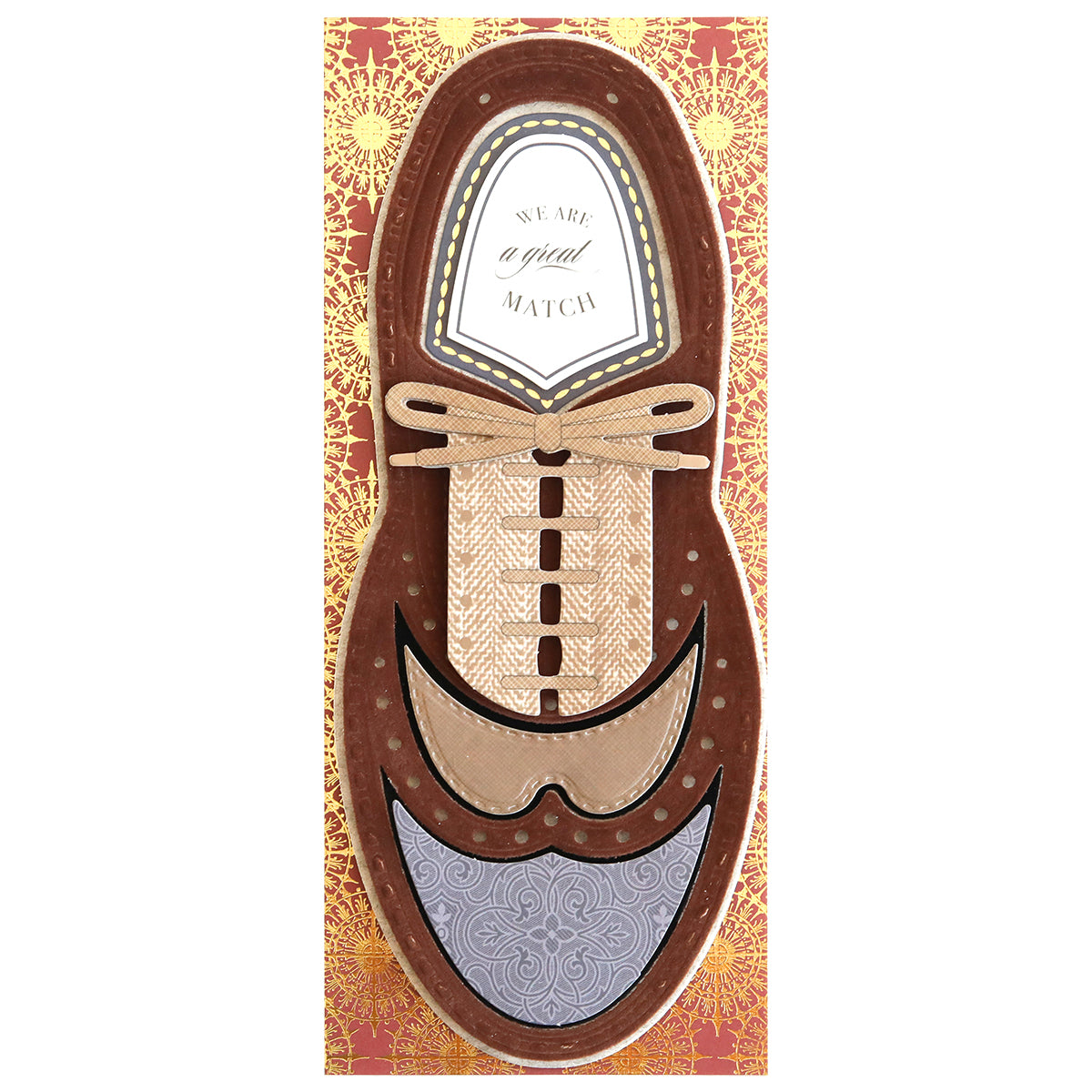 Greeting card designed to resemble a brown Paper Wingtips Finishing School Craft Box with decorative patterns, featuring a message at the top reading, "We are a great match.