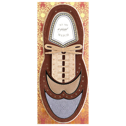 Greeting card designed to resemble a brown Paper Wingtips Finishing School Craft Box with decorative patterns, featuring a message at the top reading, "We are a great match.