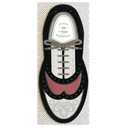 Greeting card in the shape of a black and white shoe, crafted by Paper Wingtips Finishing School Craft Box, with the message "Wishing you a happy birthday" inside.