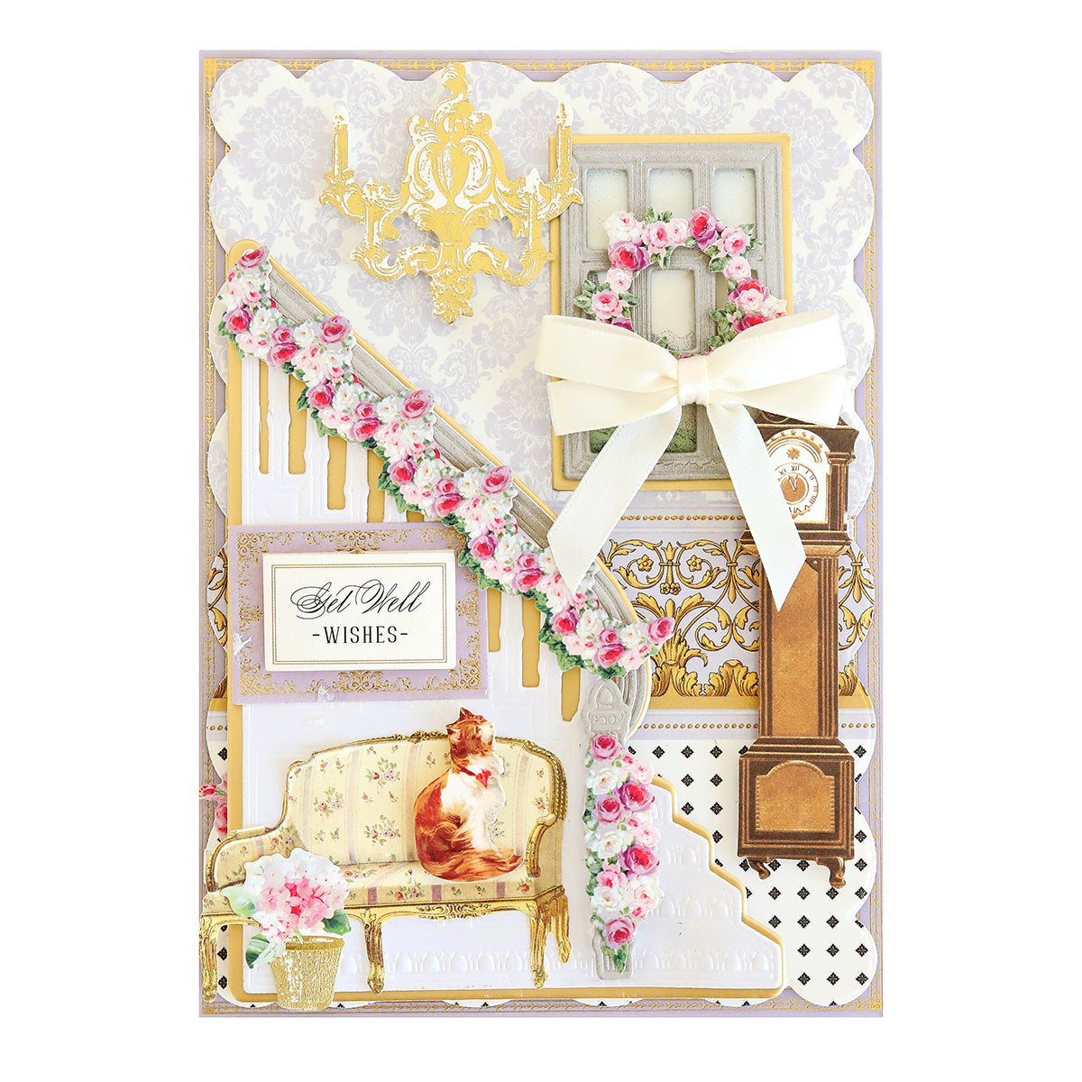 A layered paper craft greeting card featuring a staircase with floral garlands, a cat on a settee, a grandfather clock, a Perfect Double Bows 50 count, and the text “Get Well -WISHES-.”