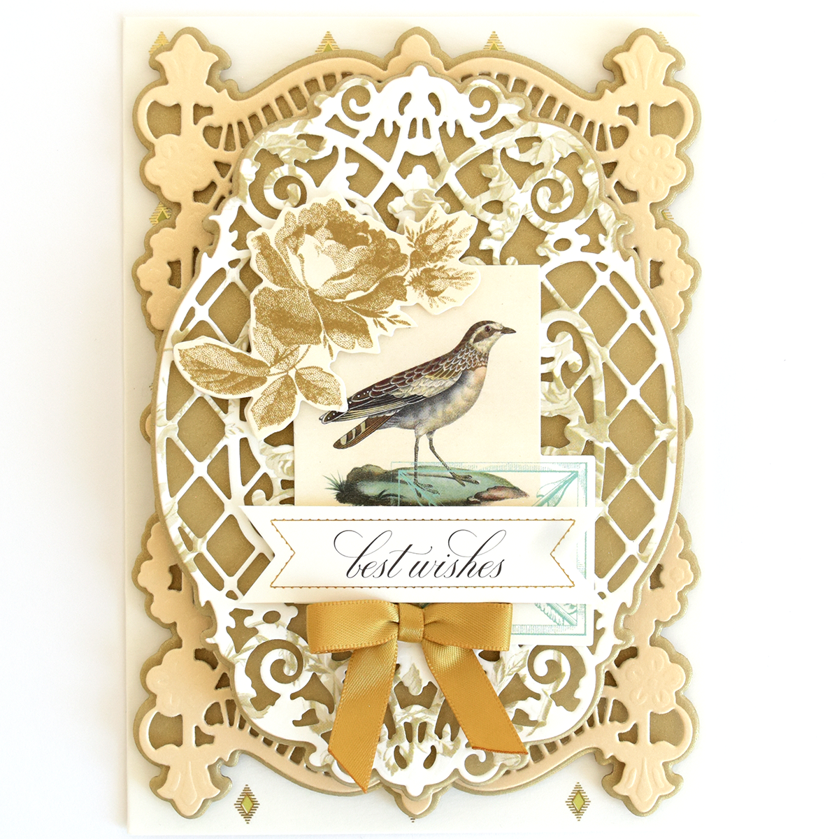 The Perfect Palette Flocked and Printed Cardstock features a gold and white lattice design, vintage bird art, yellow ribbon, and a "best wishes" banner—ideal for creating elegant handmade greeting cards.