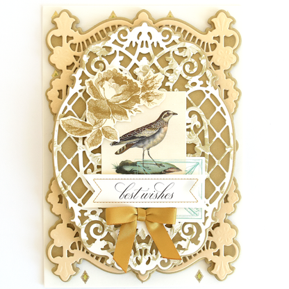 The Perfect Palette Flocked and Printed Cardstock features a gold and white lattice design, vintage bird art, yellow ribbon, and a "best wishes" banner—ideal for creating elegant handmade greeting cards.