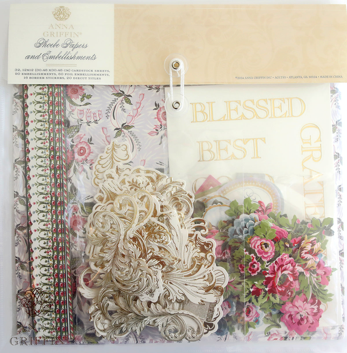 A crafting kit containing floral patterned 12" x 12" papers, gold-foiled embellishments, and die-cut designs. The package is labeled "Phoebe Papers and Embellishments" and includes sentiments like "Blessed" and "Best." Ideal for scrapbook supplies and perfect craft embellishments.