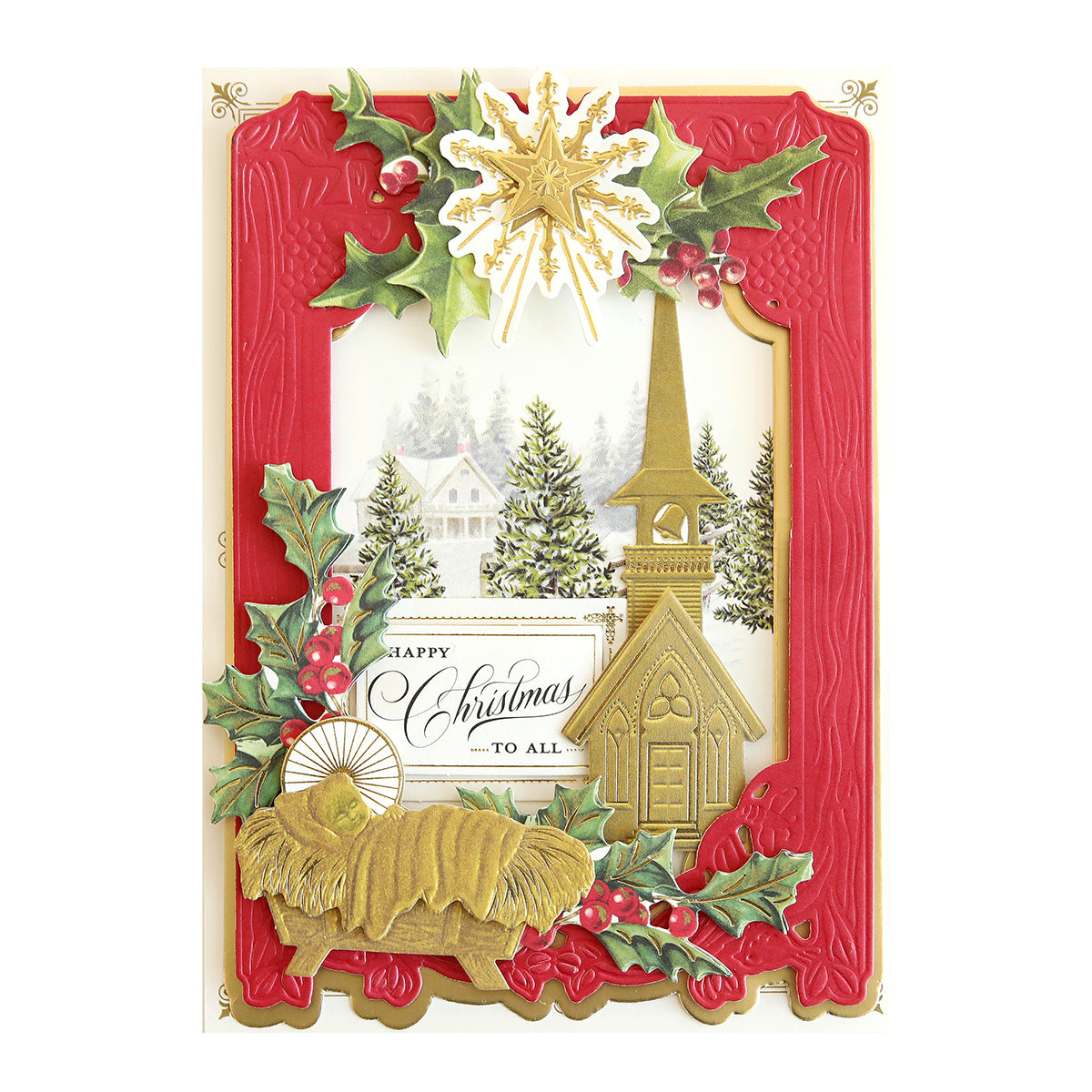 A festive Christmas card featuring a red frame, holly leaves, Reason for the Season Embellishments of a small church, and the message "Happy Christmas to All," adorned with a gold star and sheep.