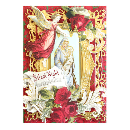 A festive Christmas card featuring an angel, red roses, and a framed depiction of Mary and baby Jesus. The words "Silent Night" are also visible, alongside decorative gold and white elements. The inclusion of Reason for the Season Embellishments adds depth to this elegant holiday greeting.