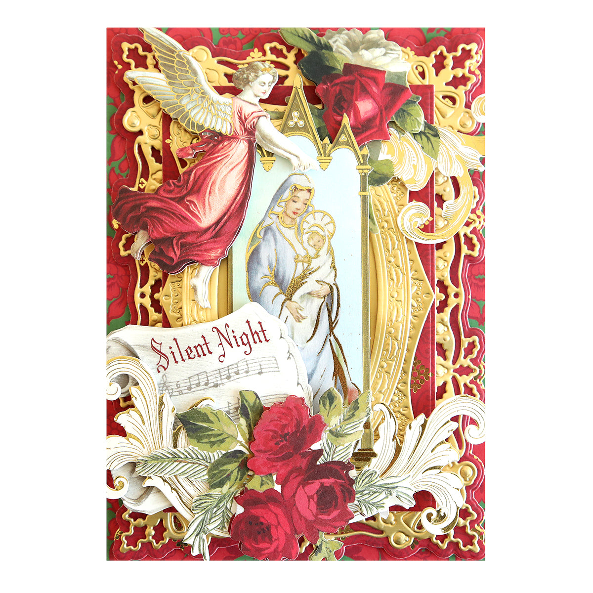 Reason for the Season Sticker Bundle illustration of an angel crowning the Virgin Mary and Child, accented by red roses and a scroll labeled “Silent Night.”