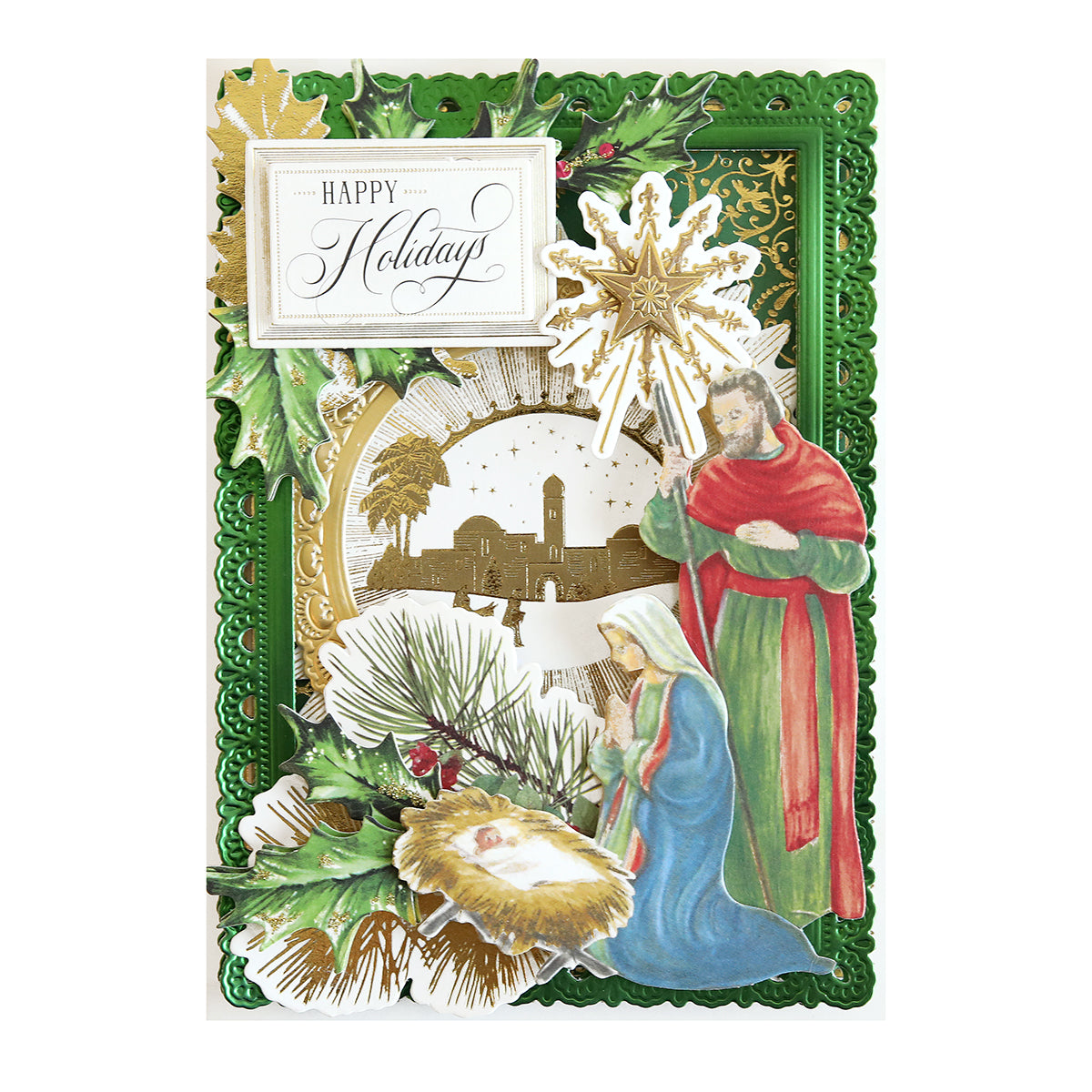 A festive card featuring "Happy Holidays" text, a nativity scene with Mary, Joseph, and baby Jesus, adorned with holly, pine branches, and a golden star. Perfect for your collection of Christmas Cards or as part of a beautifully organized Reason for the Season Embellishments.