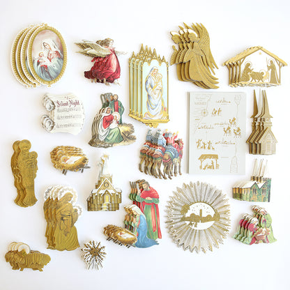 Reason for the Season Sticker Bundle featuring dimensional nativity scenes, angels, Three Wise Men, churches, a “Silent Night” music sheet, and a map of the land of the Nativity.