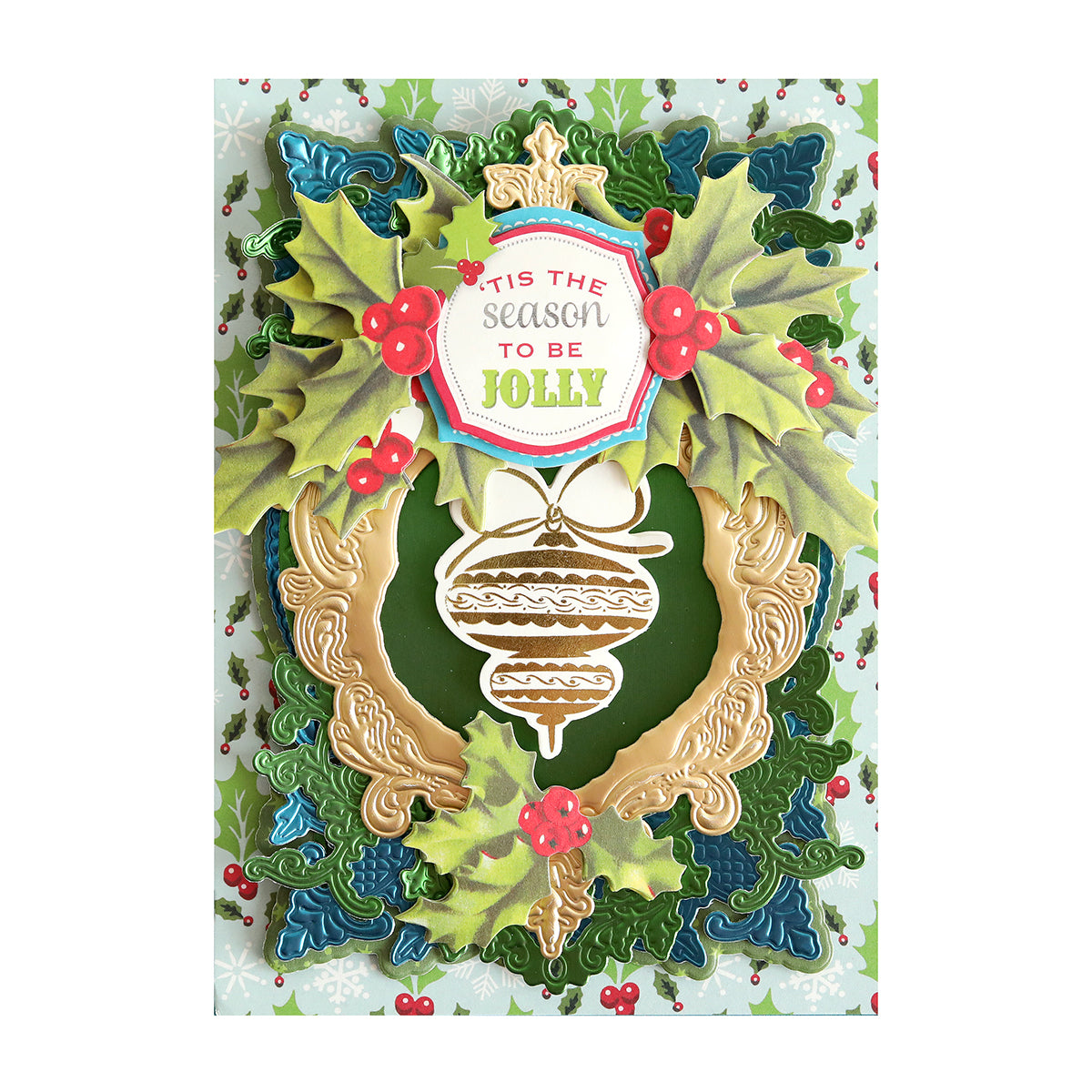 A festive Christmas card featuring the Retro Holly Sticker Bundle and holly leaves.