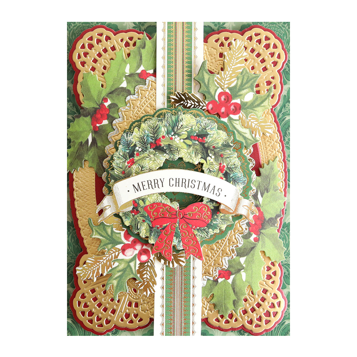A seasonal craft project featuring a christmas card adorned with the Retro Holly Sticker Library and berries.