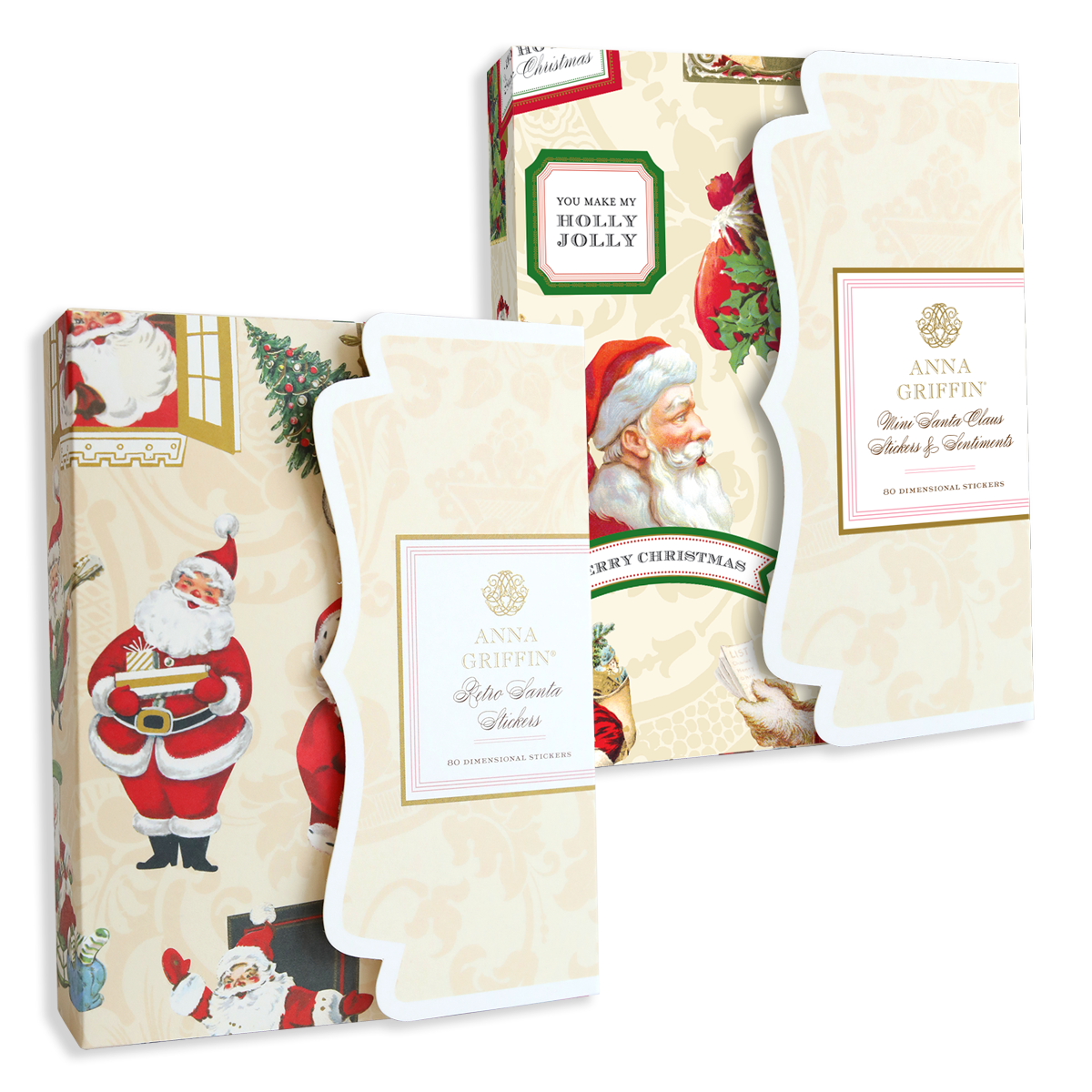 Two festive boxes of retro-themed Christmas cards featuring vintage Santa designs by Anna Griffin, each displaying messages such as "You Make My Holly Jolly" and "Merry Christmas." Every box includes 20 dimensional Christmas cards and envelopes, all neatly organized in a handy storage folio.