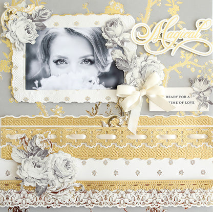 A decorative scrapbook page featuring a black-and-white photo of a woman's face, gold accents, and white floral embellishments. The words "Magical" and "Ready for a time of love" are included.