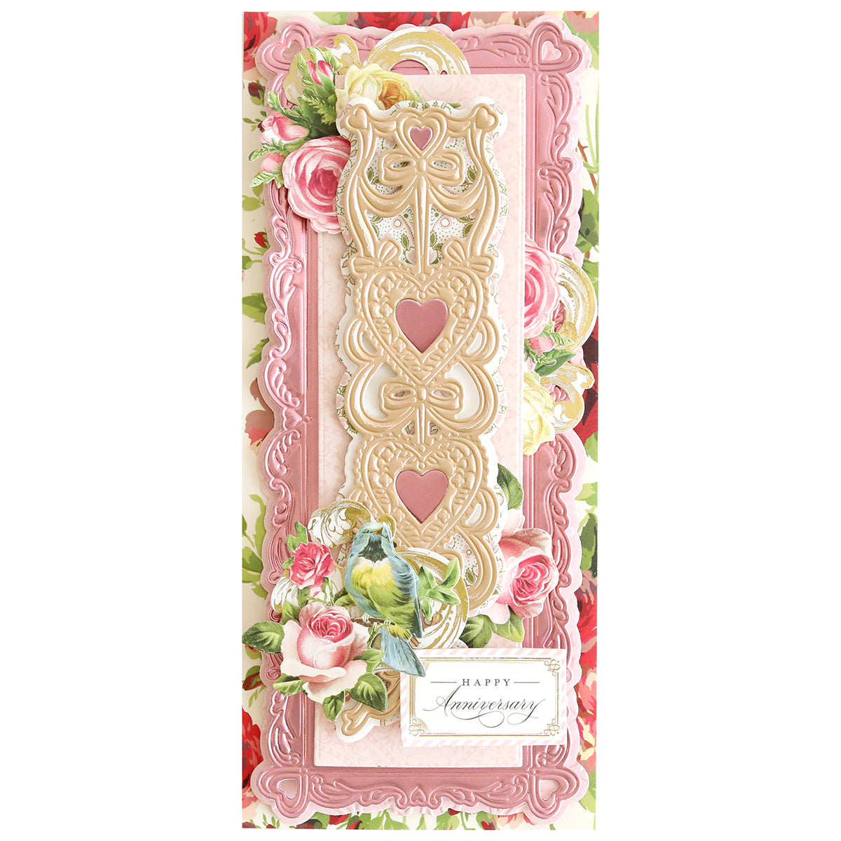A Valentine's Day card adorned with beautiful roses and flowers, created using Ribbon of Hearts Slimline Dies, symbolizing love.