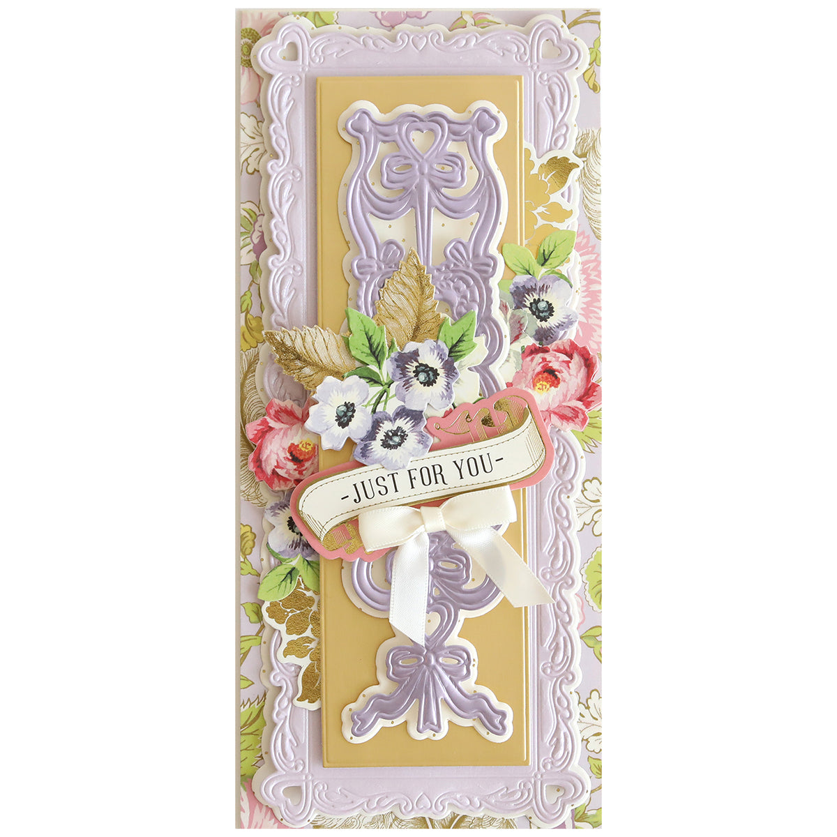 A purple and white Ribbon of Hearts Slimline Dies featuring romantic flowers, perfect for Valentine's Day.