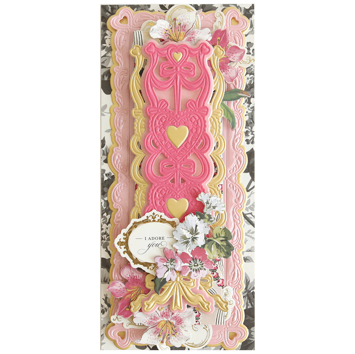 A Valentine's Day card adorned with pink and white flowers, made using Ribbon of Hearts Slimline Dies.