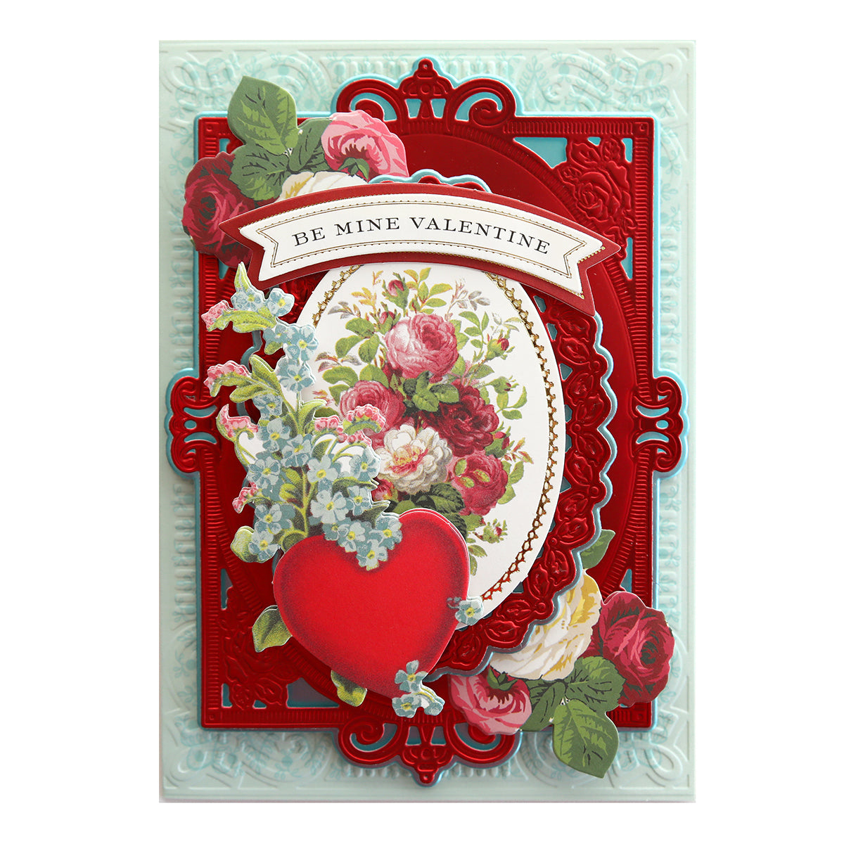 A valentine card with Romantic Stickers and Sentiments, a red heart, and flowers.