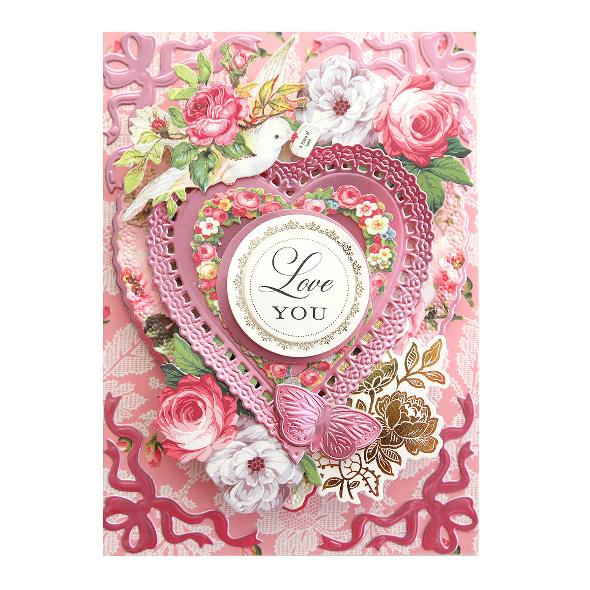 A valentine's day card adorned with Romantic Stickers and Sentiments and featuring a heart surrounded by beautiful roses.