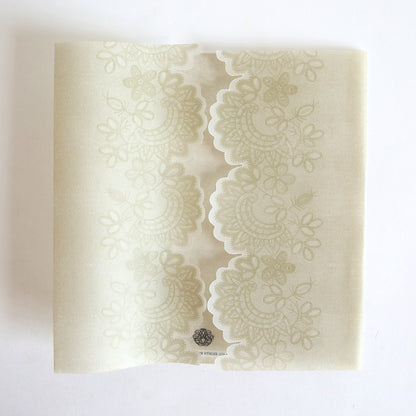 A 10-pack of Platinum Vellum Lace Gatefolds in light beige, featuring floral lace patterns and scalloped edges, displayed against a white background.