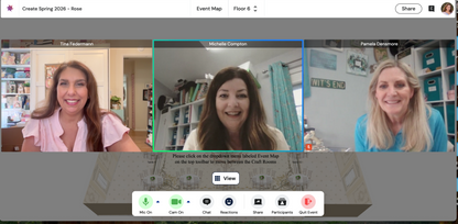Screenshot of a virtual event for Anna Griffin | Create Fall 2026, showing three women smiling on a video call in separate frames. Event controls are visible, highlighting the creative community behind this gathering.