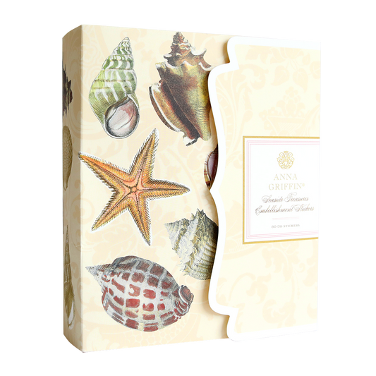 A decorative box featuring 3D Seaside Treasures illustrations of seashells and a starfish, labeled "Sea Treasure Stickers" on the front.