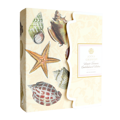 A decorative box featuring 3D Seaside Treasures illustrations of seashells and a starfish, labeled "Sea Treasure Stickers" on the front.