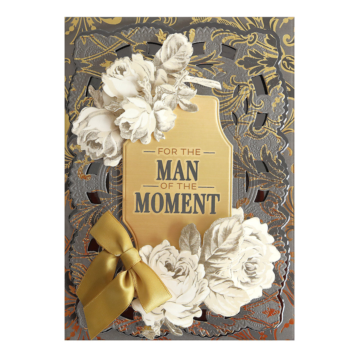 The Sentiments For Him Rub On Transfers feature gold and white floral designs, a gold bow, and "For the Man of the Moment"—perfect for crafts or adding personal touches to projects for him.