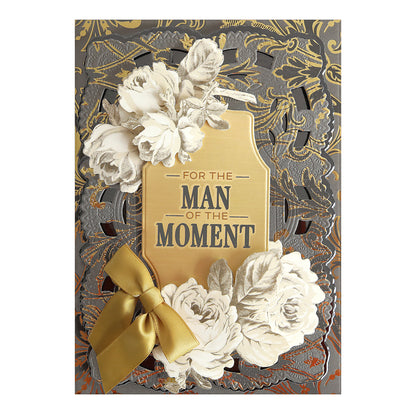 The Sentiments For Him Rub On Transfers feature gold and white floral designs, a gold bow, and "For the Man of the Moment"—perfect for crafts or adding personal touches to projects for him.