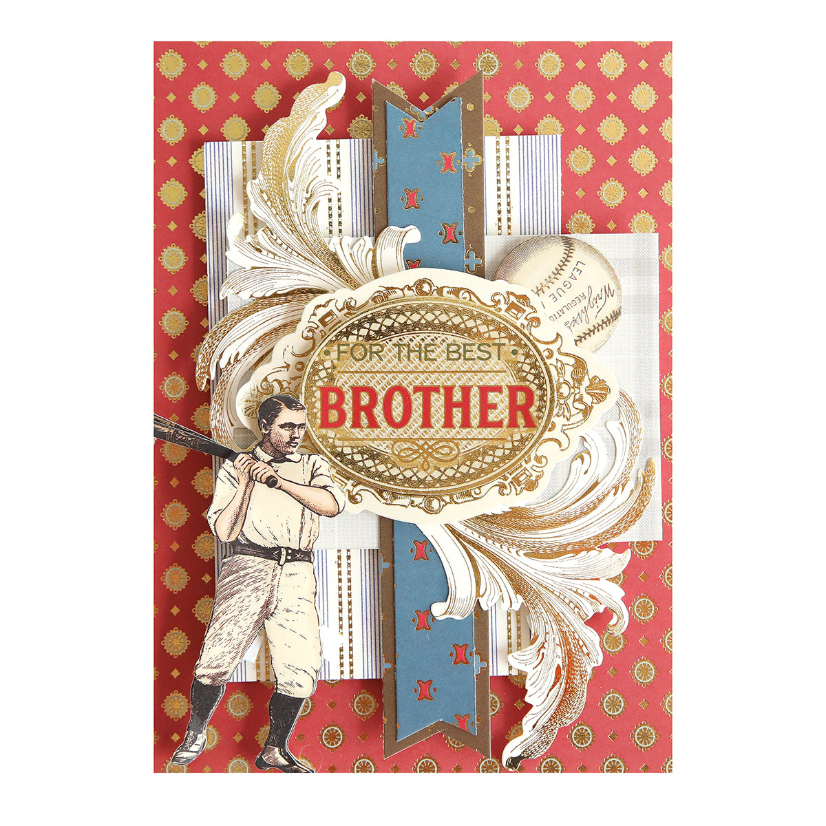 A vintage-style greeting card with a baseball player illustration, ornate gold accents, and "For the Best Brother" on a red, gold, and blue background—perfect for crafts with Sentiments For Him Rub On Transfers.