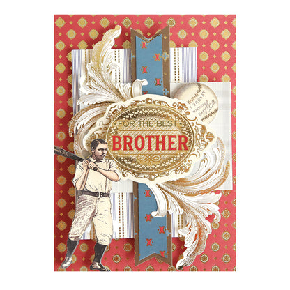 A vintage-style greeting card with a baseball player illustration, ornate gold accents, and "For the Best Brother" on a red, gold, and blue background—perfect for crafts with Sentiments For Him Rub On Transfers.