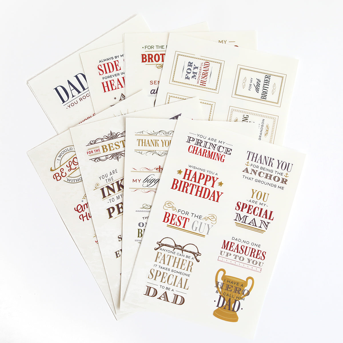 The Sentiments For Him Rub On Transfers include six sheets of decorative messages and greetings for dads, such as "Happy Birthday" and "You Are the Best"—ideal for crafting personalized gifts for him.