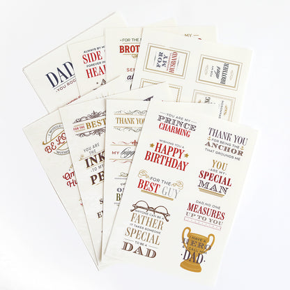 The Sentiments For Him Rub On Transfers include six sheets of decorative messages and greetings for dads, such as "Happy Birthday" and "You Are the Best"—ideal for crafting personalized gifts for him.