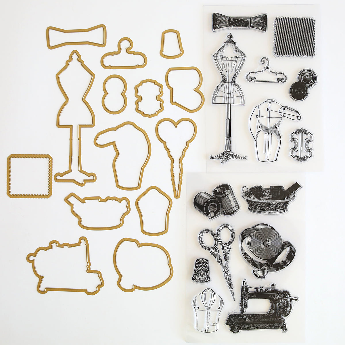 The Sewing Stamps and Dies collection includes metallic cutting dies shaped like a mannequin, hat, and other objects, as well as clear stamps depicting various vintage sewing-themed items.