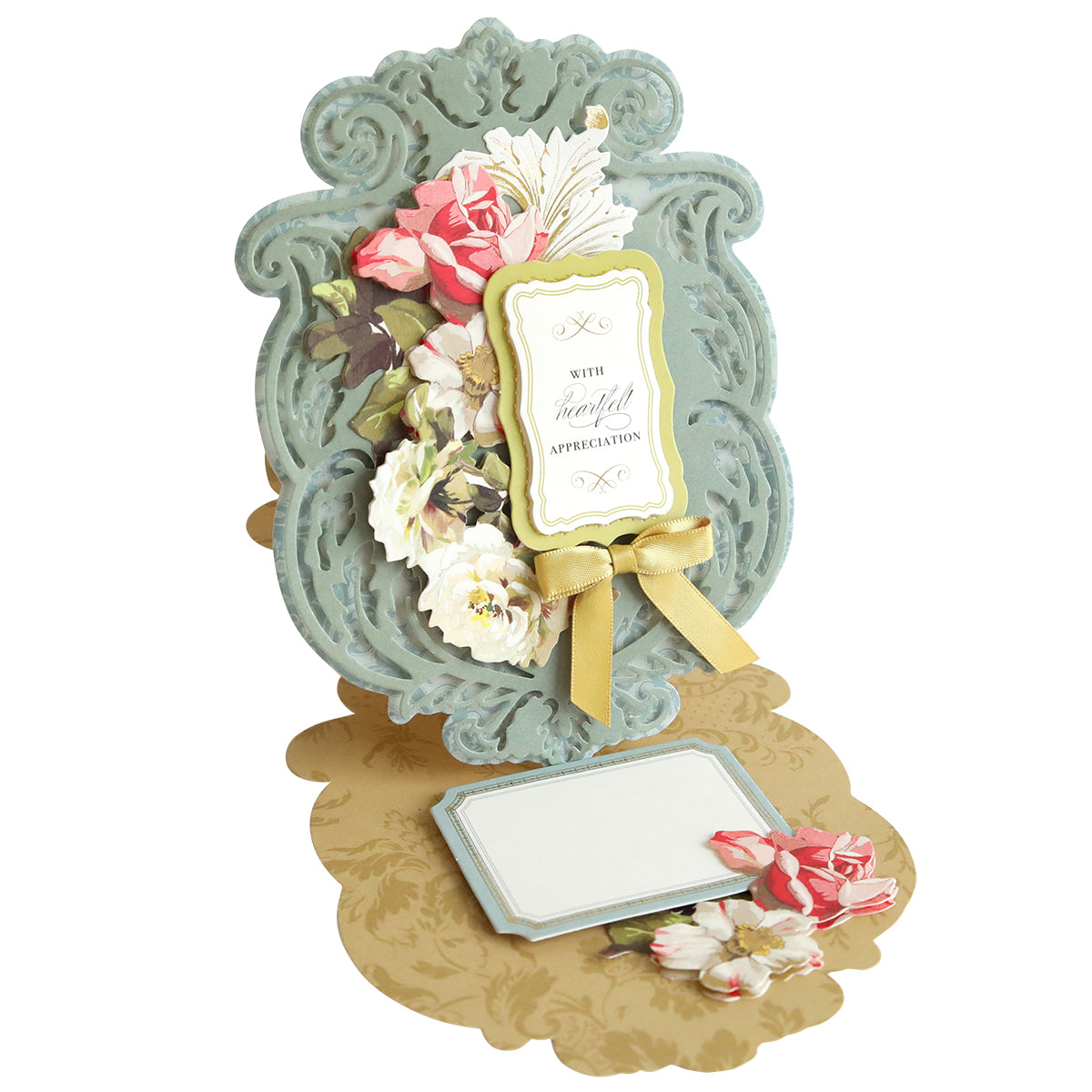 An ornate, vintage-style greeting card with floral decorations and a message that reads "With Grateful Appreciation." The card is propped open with a gold bow and additional flower motifs. Made from our Simply Appreciation Easel Card Making Kit, it's perfect for enthusiasts of handmade cards.