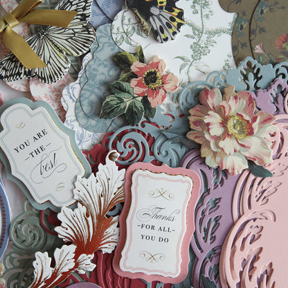 A collection of decorative paper cutouts, including floral patterns, ornamental designs, and notes with messages such as "You are the best" and "Thanks for all you do." Perfect for crafters creating Simply Appreciation Easel Card Making Kits or other handmade cards.