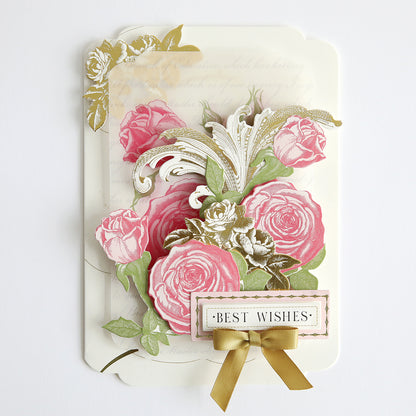 Simply Perfect Patterns Card Making Kit with floral design featuring pink roses, gold accents, and a "best wishes" label, set against a vintage script background.