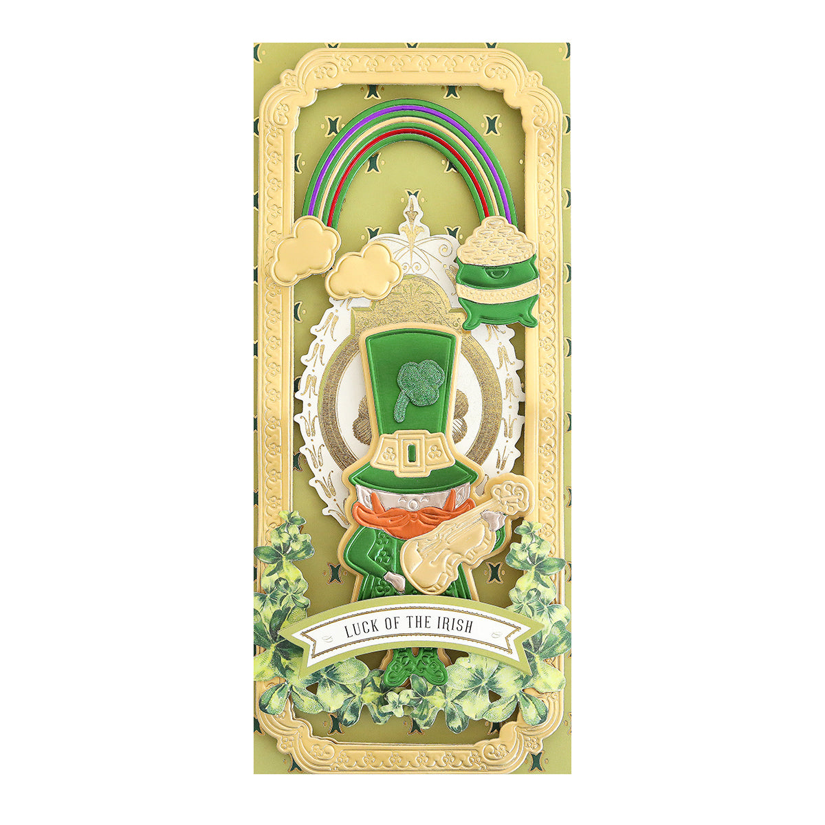 A St. Patrick's Day card featuring a Slimline Leprechaun Die and a vibrant rainbow.