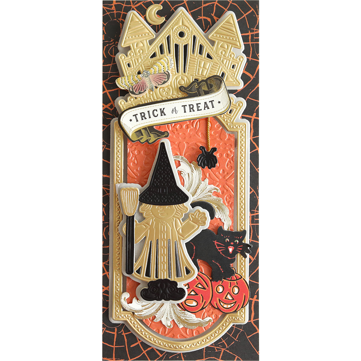 A Halloween-themed card featuring the "Slimline Witch Dies" design, showcasing a witch, a black cat, two jack-o'-lanterns, and the phrase "Trick or Treat" on an ornate orange and black background with a haunted mansion at the top.