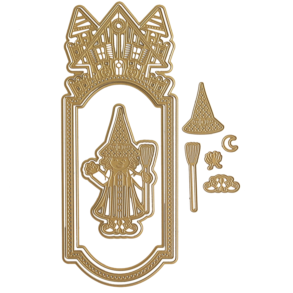 The Slimline Witch Dies set features an ornate, gold-colored die-cut showcasing an intricately designed haunted mansion, a wizard with a broomstick and hat, a moon, and two hands, along with a frame to house the witch-like wizard figure.