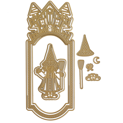 The Slimline Witch Dies set features an ornate, gold-colored die-cut showcasing an intricately designed haunted mansion, a wizard with a broomstick and hat, a moon, and two hands, along with a frame to house the witch-like wizard figure.