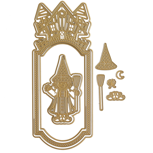 The Slimline Witch Dies set features an ornate, gold-colored die-cut showcasing an intricately designed haunted mansion, a wizard with a broomstick and hat, a moon, and two hands, along with a frame to house the witch-like wizard figure.