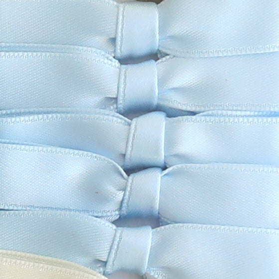 Close-up of four neatly stacked light blue Small Pre-Tied Bows, with part of a white bow below—ideal for enhancing your set of 50 bows in green, blue, purple, ivory, and gold.