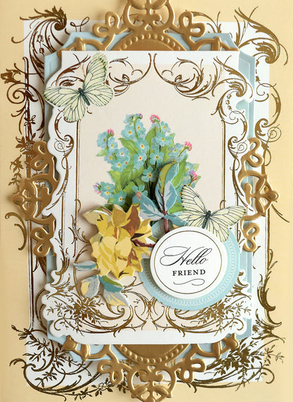 Springtime Cards and Envelopes feature ornate foil stamping with gold details, delicate flowers, butterfly accents, and a circular label elegantly scripted with “Hello Friend”—an ideal choice for card making enthusiasts and anyone who appreciates exquisite cards and envelopes.