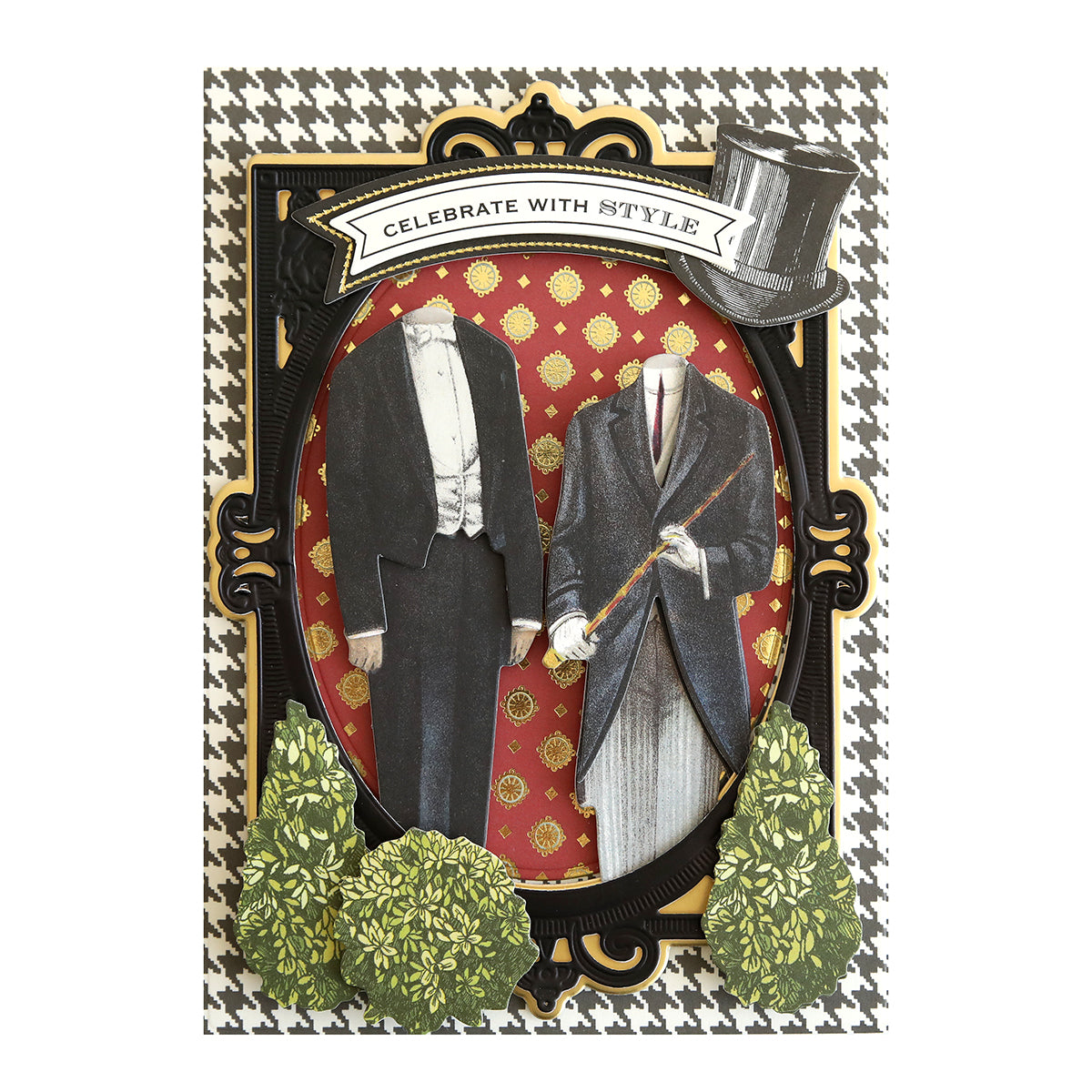 Decorative artwork featuring two headless figures in formal attire, framed by ornate patterns. One wears a suit with tails, the other a long coat with a cane, and a top hat is illustrated above. Suits and Sentiments Stickers add charm to this piece, perfect for card embellishments or scrapbook pages. Text reads "Celebrate with Style.