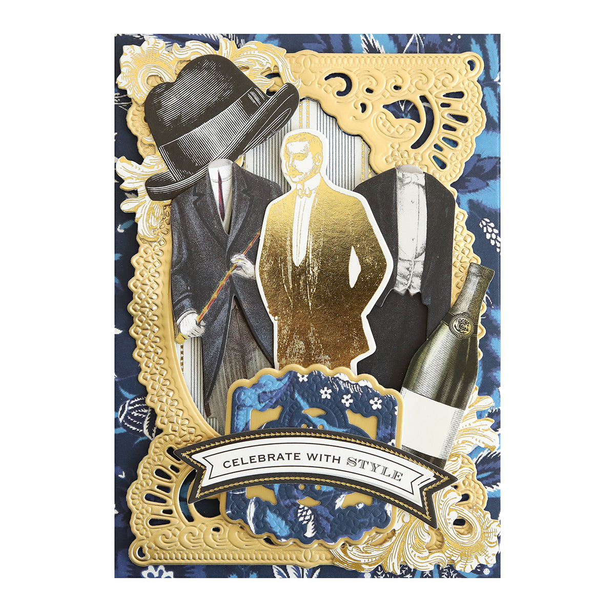 A decorative card features three cutouts of men in formal attire, a bottle of champagne, an ornate gold frame, and the text "Celebrate with Style" on a textured blue floral background. Perfect for scrapbook pages or as Suits and Sentiments Stickers.