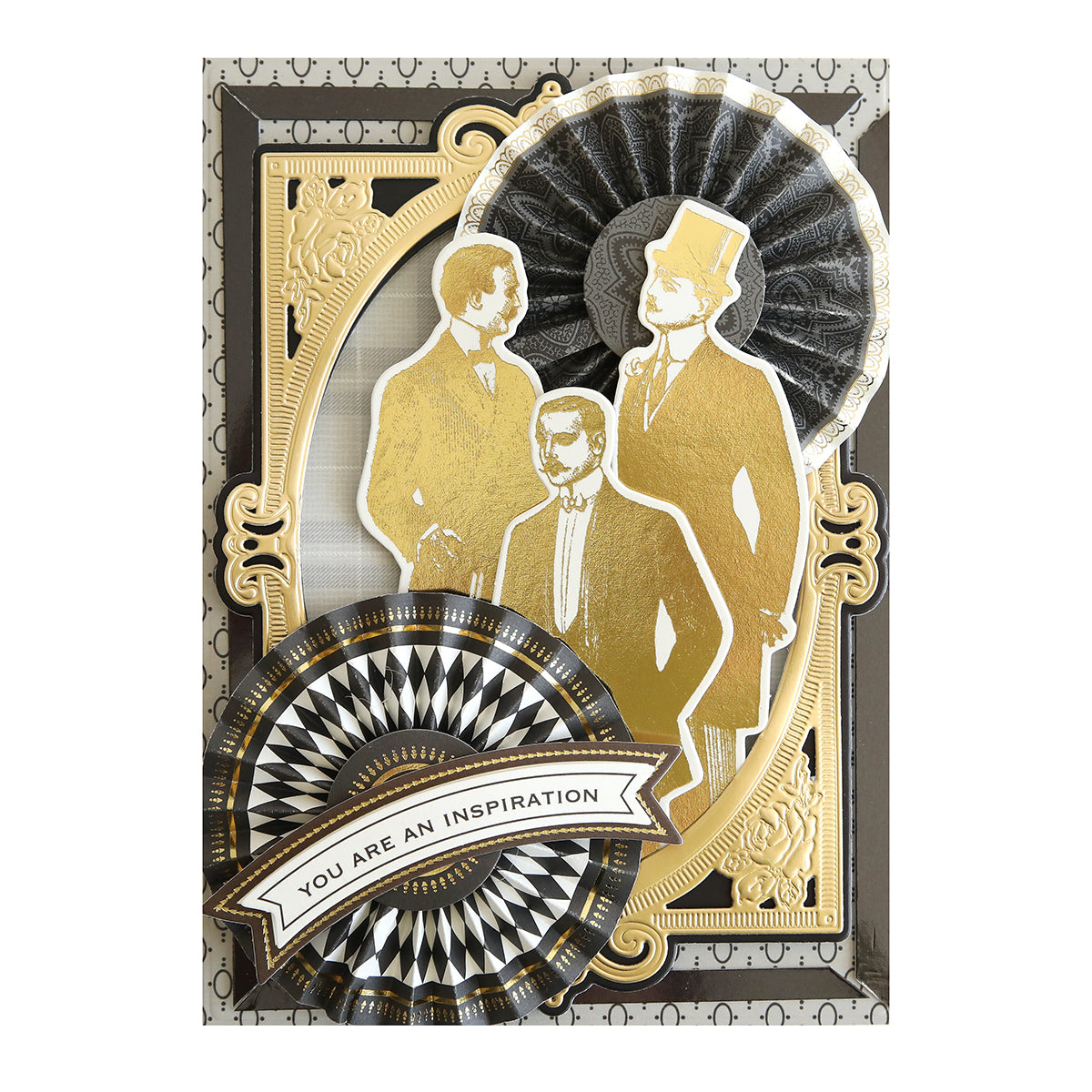 A decorative card features three men in formal attire with vintage-style card embellishments. A banner at the bottom reads, "You are an inspiration." Suits and Sentiments Stickers