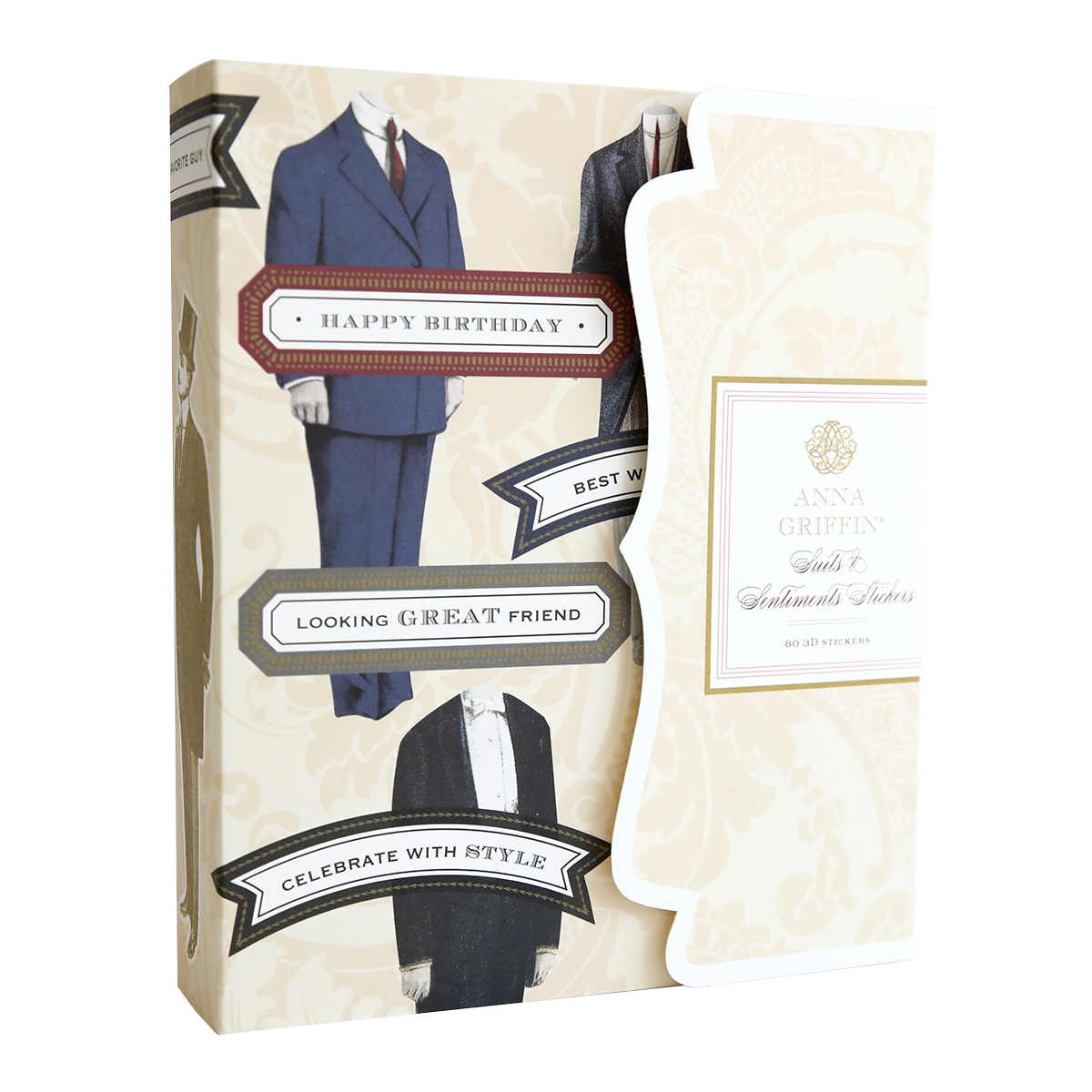 A Suits and Sentiments Stickers featuring cutout illustrations of men's suits and ties with dapper embellishments, tagged with "Happy Birthday," "Best Wishes," "Looking Great Friend," and "Celebrate with Style." Perfect for adding a touch of sophistication to your scrapbook pages or personal messages!