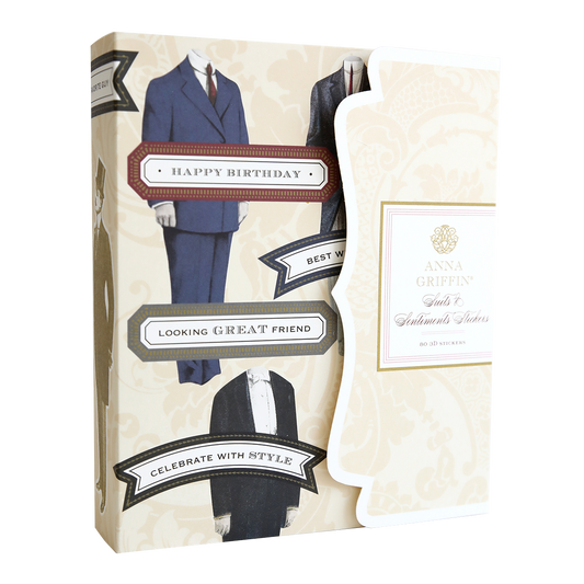 A Suits and Sentiments Stickers featuring cutout illustrations of men's suits and ties with dapper embellishments, tagged with "Happy Birthday," "Best Wishes," "Looking Great Friend," and "Celebrate with Style." Perfect for adding a touch of sophistication to your scrapbook pages or personal messages!