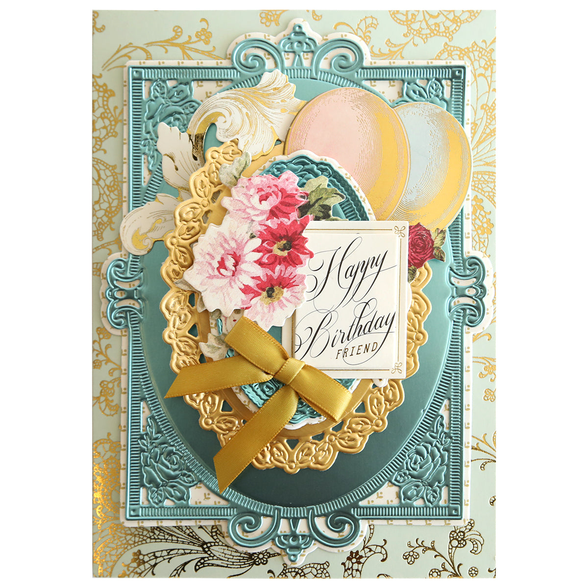 An elaborate birthday card with a "happy birthday friend" message, adorned with floral designs, ornate gold accents, and Swing Out Dies embellishments.